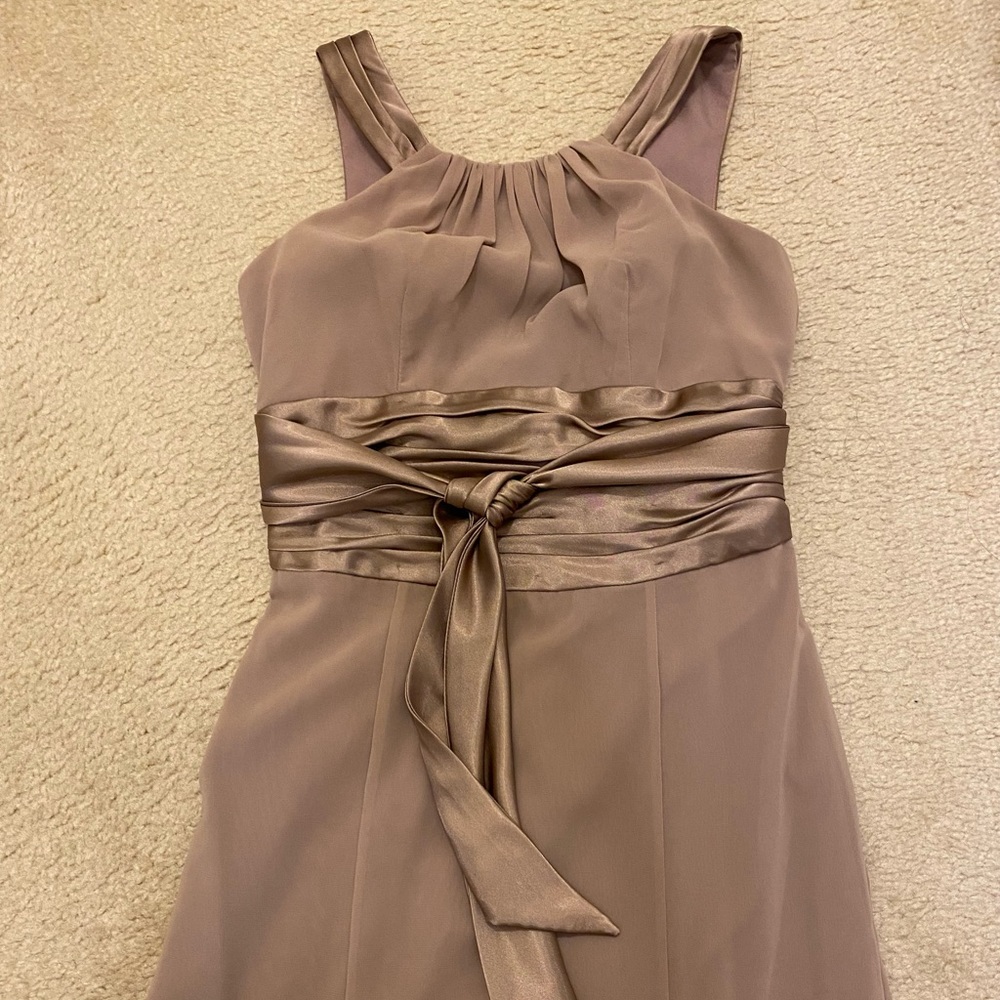 David’s bridal mermaid floor length gown in taupe-dessert. Like new
